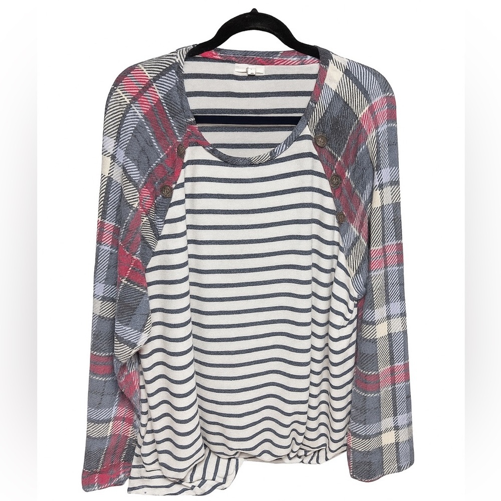 Maurices Plaid & Stripe Button Detail Long Sleeve‎ Top –  Casual Raglan Tee 2XL